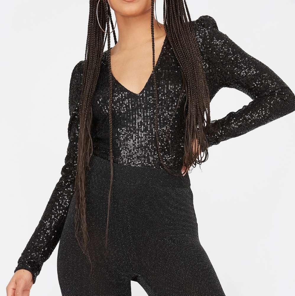 Sequins v-neck long sleeve bodysuit
